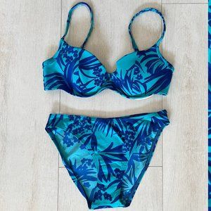 Vintage 90s Blue Tropical High-Waist Bikini Set, Underwire & Padding-Deadstock